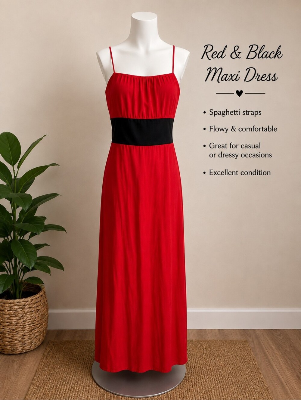 Red Maxi Dress with Black Waistband - Women
